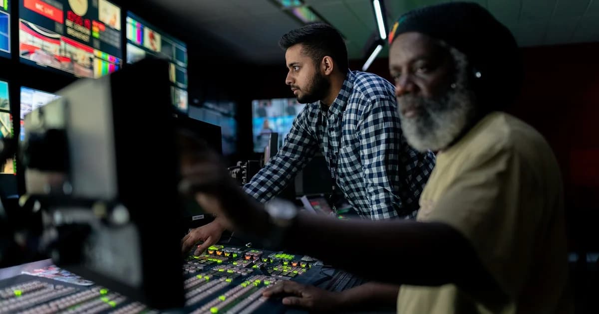 Two operators at a broadcast mixing console - mix-minus routing for remote guests on dcast